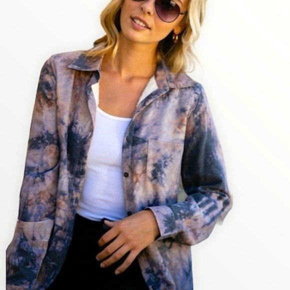 Navy Tie Dye Fleece Lined Flannel Button Down Top - Picture 3 of 9